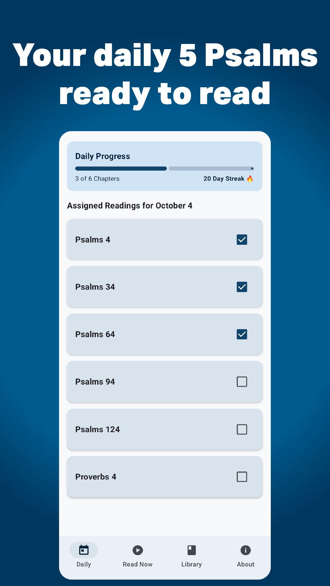 Daily Psalms daily progress screen
