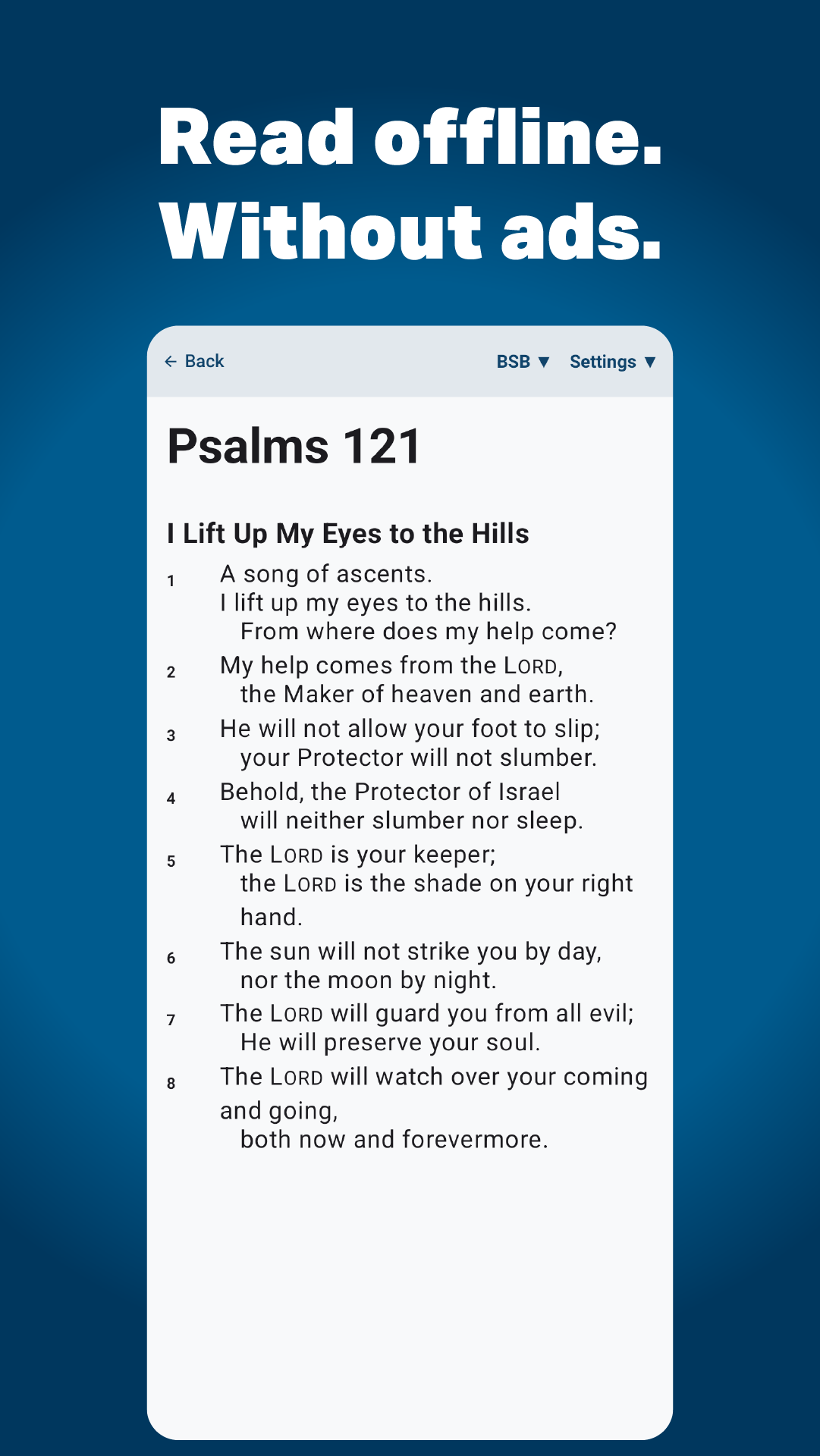 Daily Psalms reading screen displaying Psalm 121