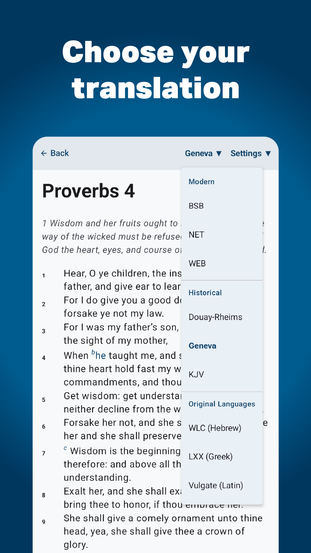 Daily Psalms translation selection menu